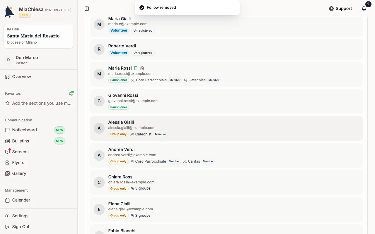 Parishioners list showing Follow removed without Luca Conti