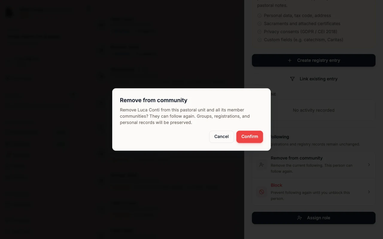 Remove from community confirmation with Cancel and Confirm buttons
