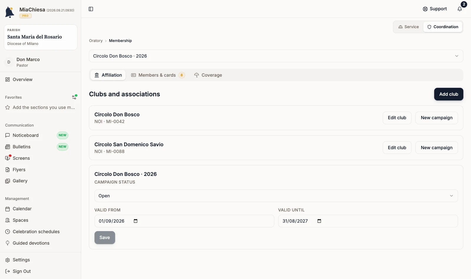 Affiliation tab with available clubs