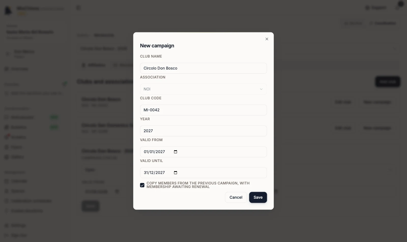 New campaign with member carry-over selected