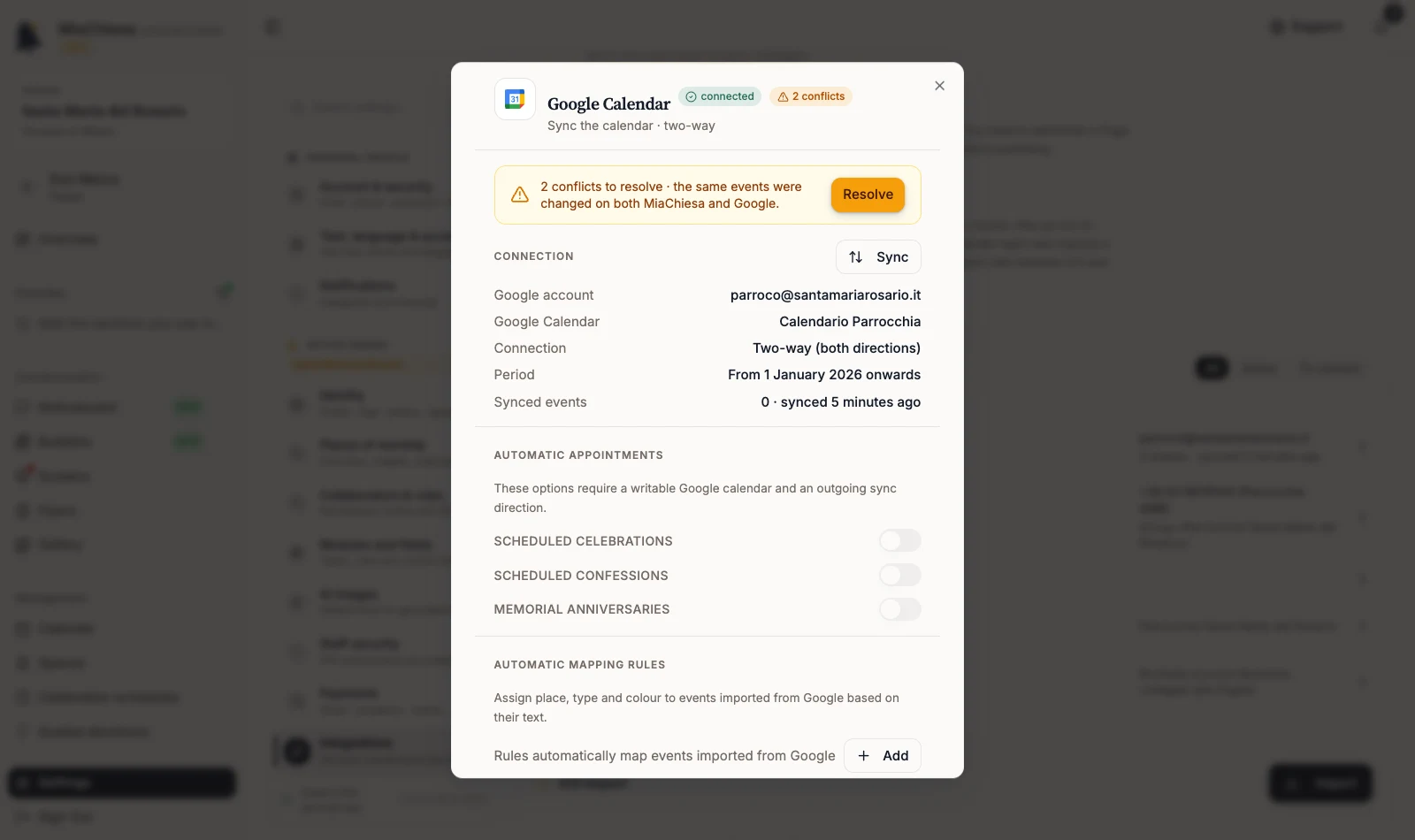 Google Calendar panel with a conflict banner and Resolve action