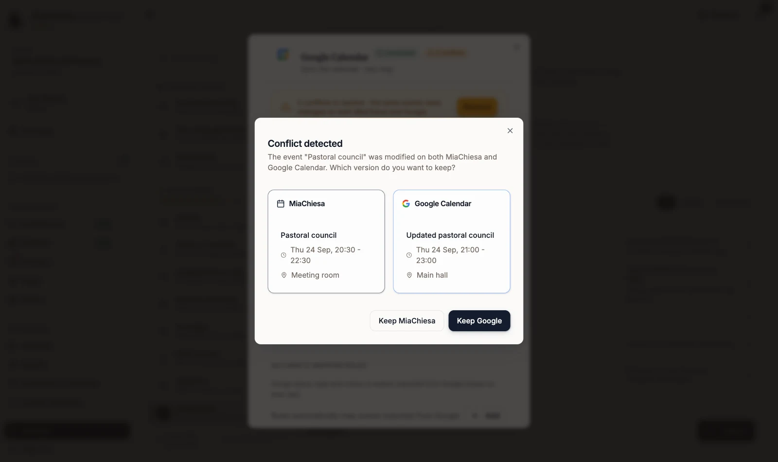 Conflict detected window with MiaChiesa and Google Calendar versions