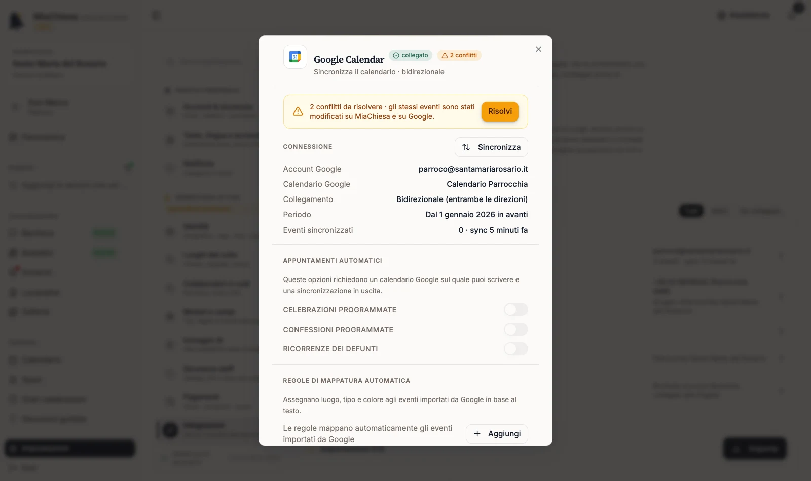 Pannello Google Calendar con il banner del conflitto e il comando Risolvi