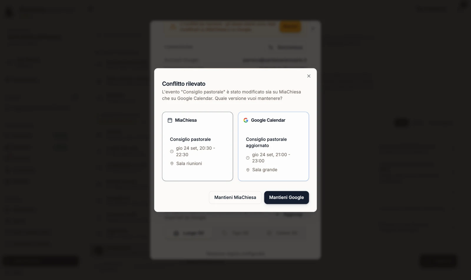 Finestra Conflitto rilevato con le versioni MiaChiesa e Google Calendar