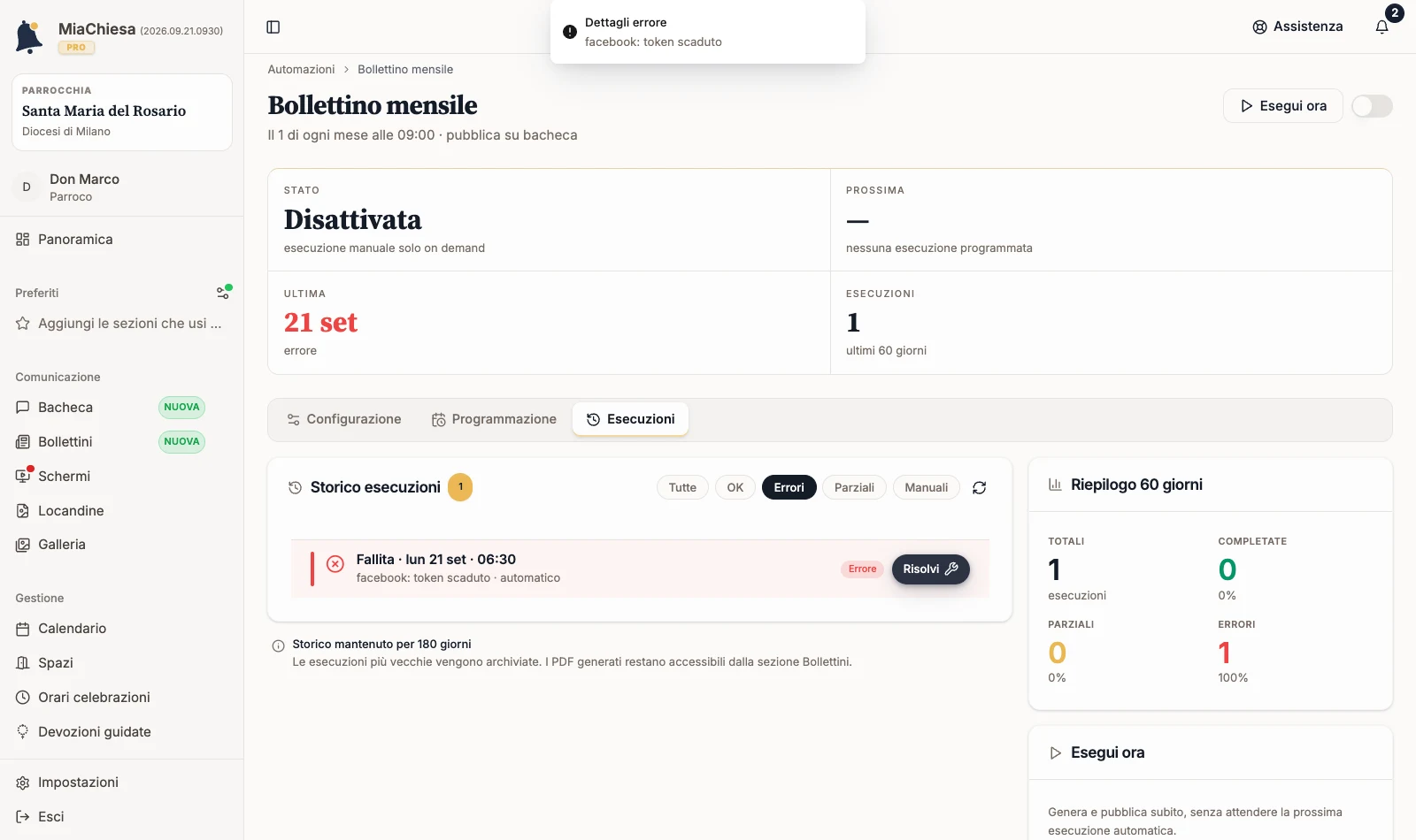 Scheda Esecuzioni con filtro Errori e notifica Dettagli errore