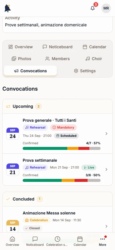 Convocations tab with the Prova generale · Tutti i Santi call-up