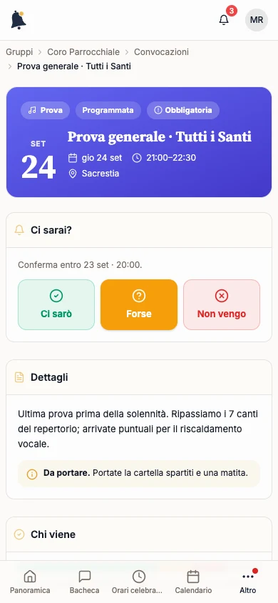 Riquadro Ci sarai? con Ci sarò, Forse e Non vengo