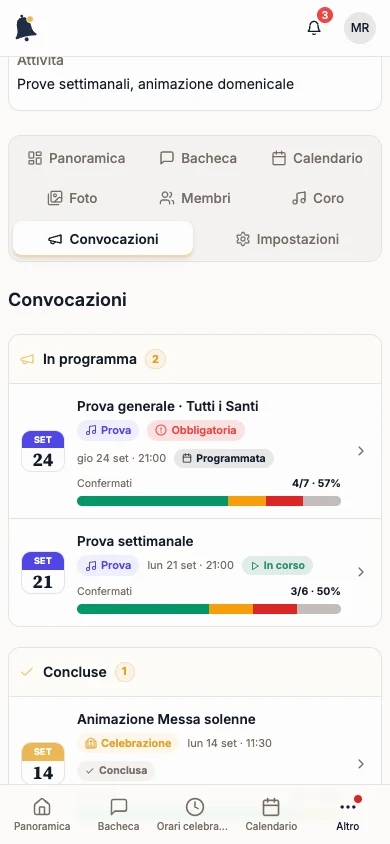 Scheda Convocazioni con la convocazione Prova generale · Tutti i Santi
