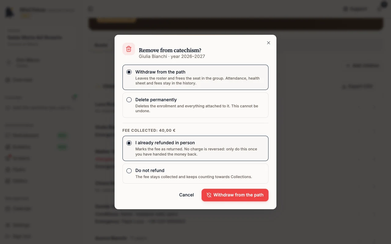 Remove from catechism? dialog with the fee collected