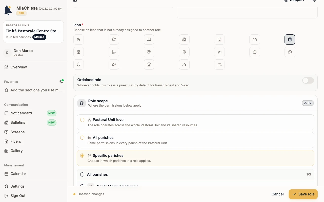 Role editor with Role scope set to Specific parishes