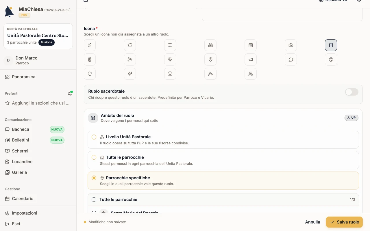 Editor del ruolo con Ambito del ruolo impostato su Parrocchie specifiche