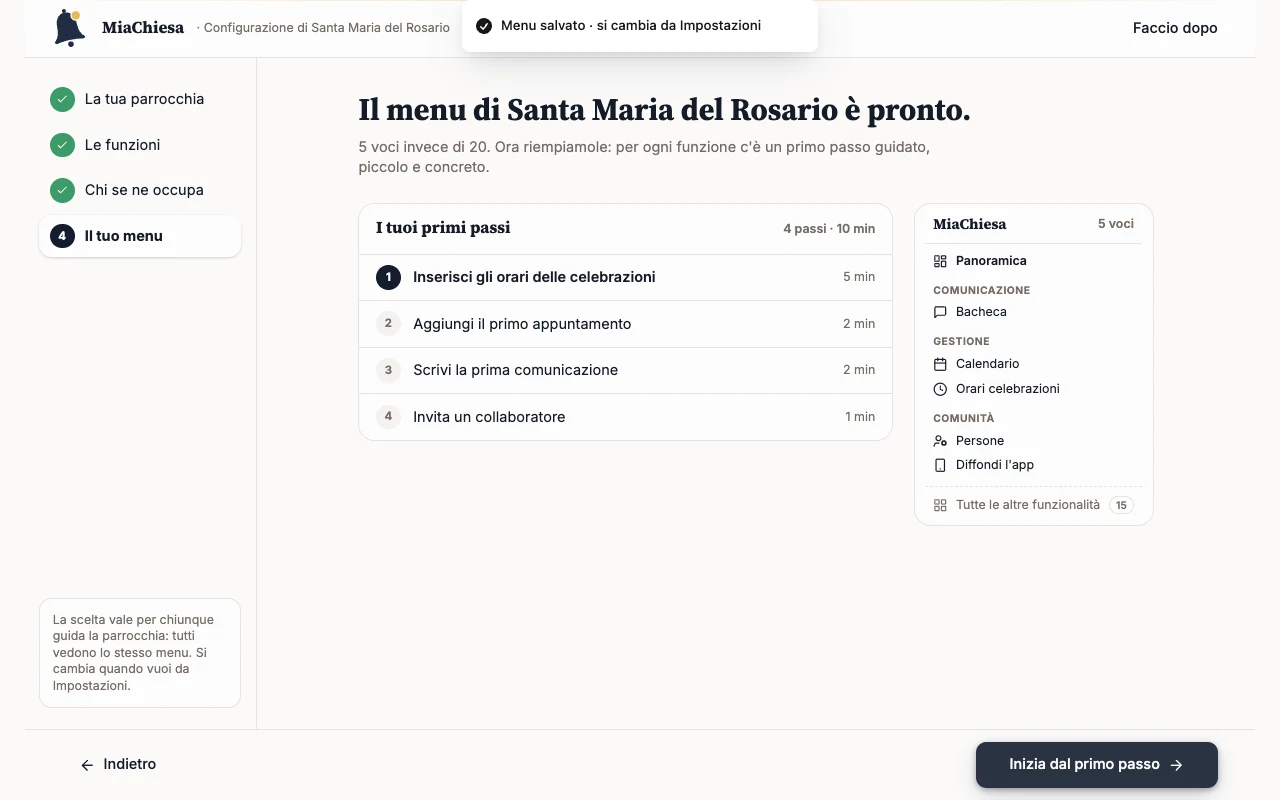 Ultimo passo con il menu pronto e i primi passi