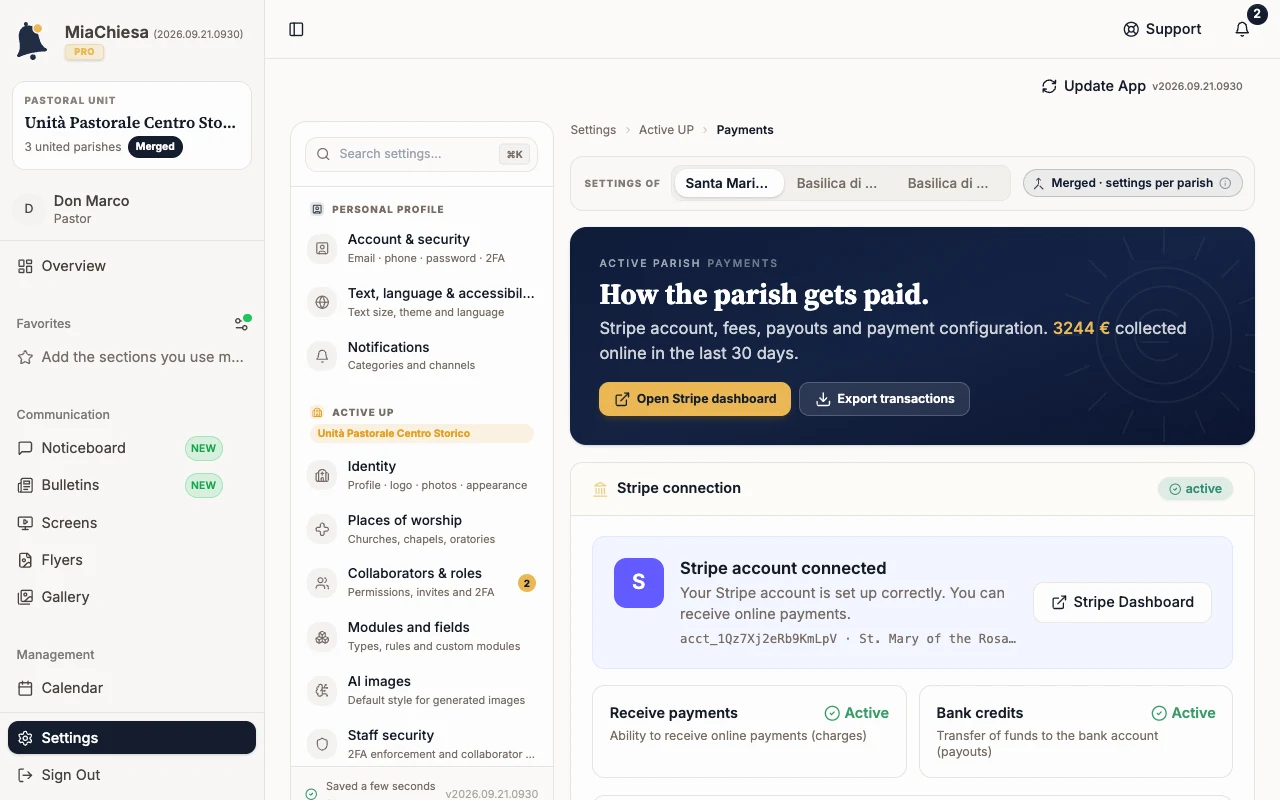 Payments in Merged with the Merged settings per parish pill