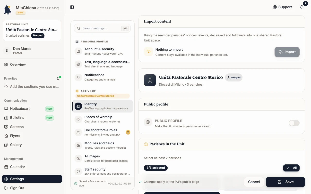 UP management tab with Public profile and Parishes in the Unit