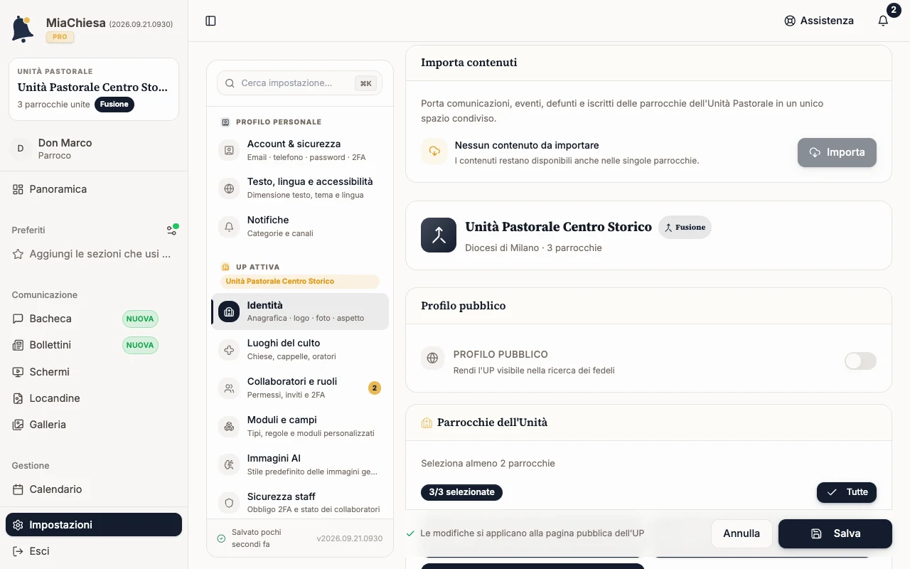 Scheda Gestione UP con Profilo pubblico e Parrocchie dell’Unità
