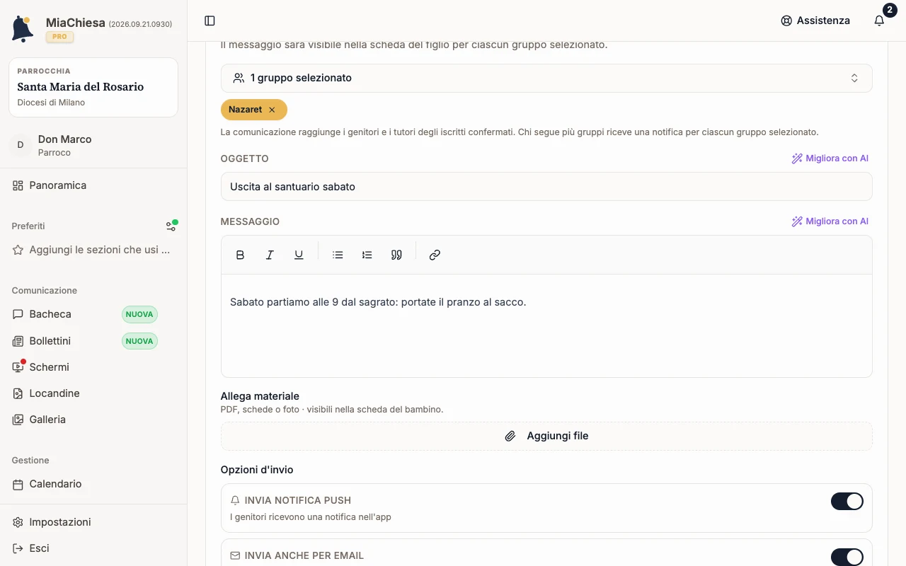 Messaggio compilato con Invia anche per email attivo