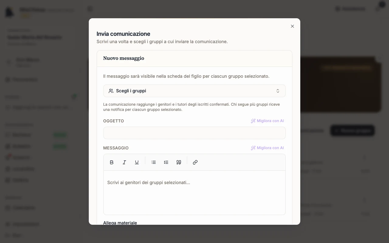 Finestra Invia comunicazione con Scegli i gruppi