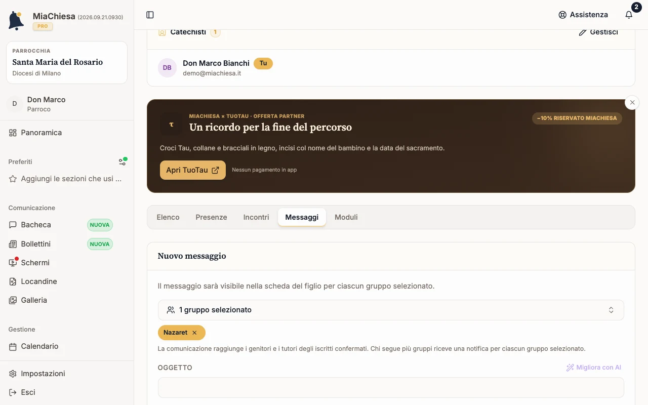 Scheda Messaggi del gruppo con Nuovo messaggio e i messaggi inviati