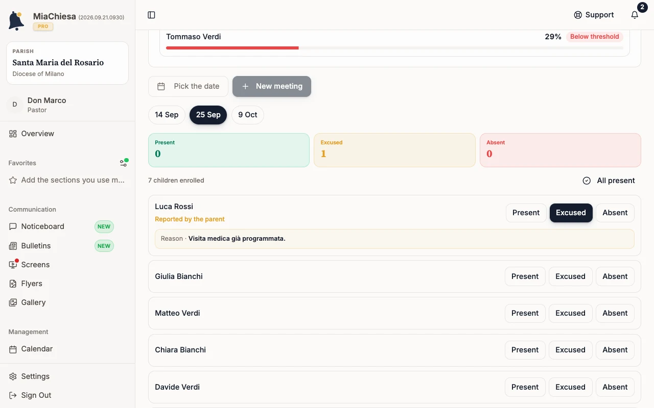 Attendance register with an absence Reported by the parent