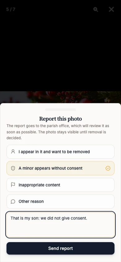 Report this photo window with A minor appears without consent selected