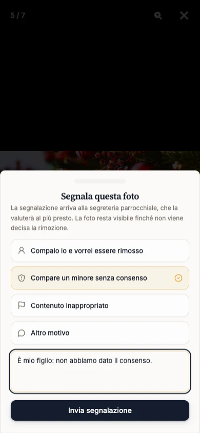 Finestra Segnala questa foto con il motivo Compare un minore senza consenso selezionato