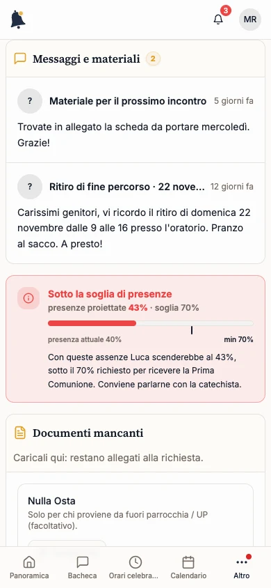 Sezione Messaggi e materiali con un messaggio del catechista