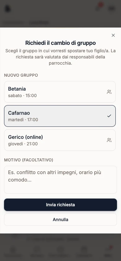 Finestra Richiedi il cambio di gruppo con un gruppo selezionato
