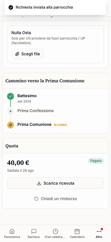 Messaggio Richiesta inviata alla parrocchia dopo la richiesta di rimborso