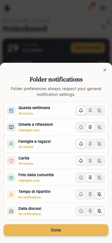 Folder notifications dialog with All selected for Famiglie e ragazzi