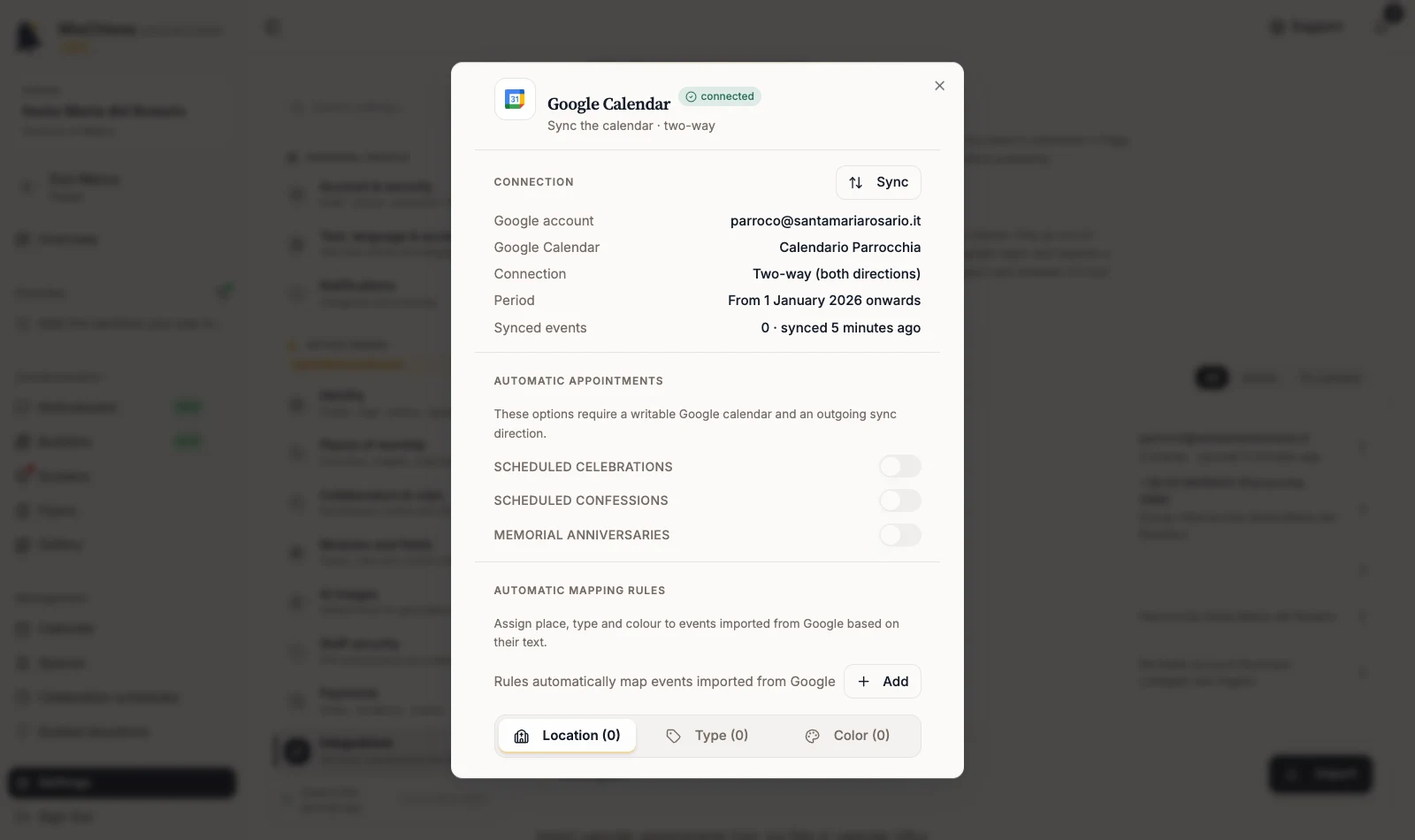 Google Calendar panel with the Sync action and connection details