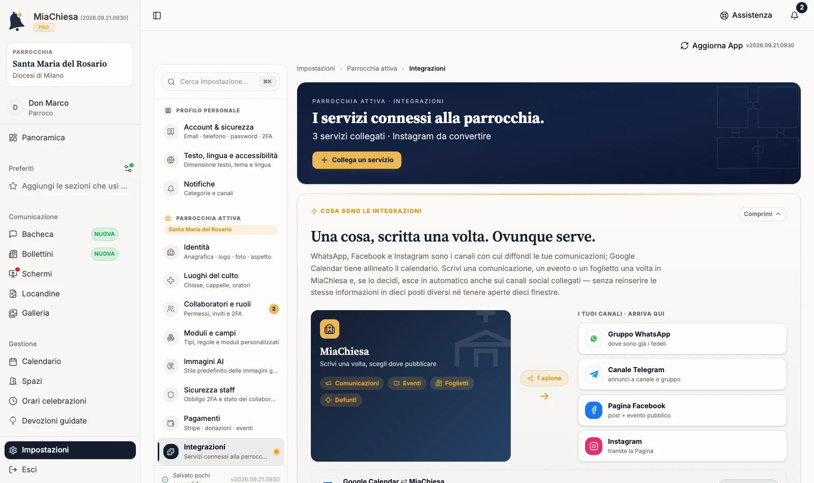 Pagina Integrazioni con il riepilogo dei servizi