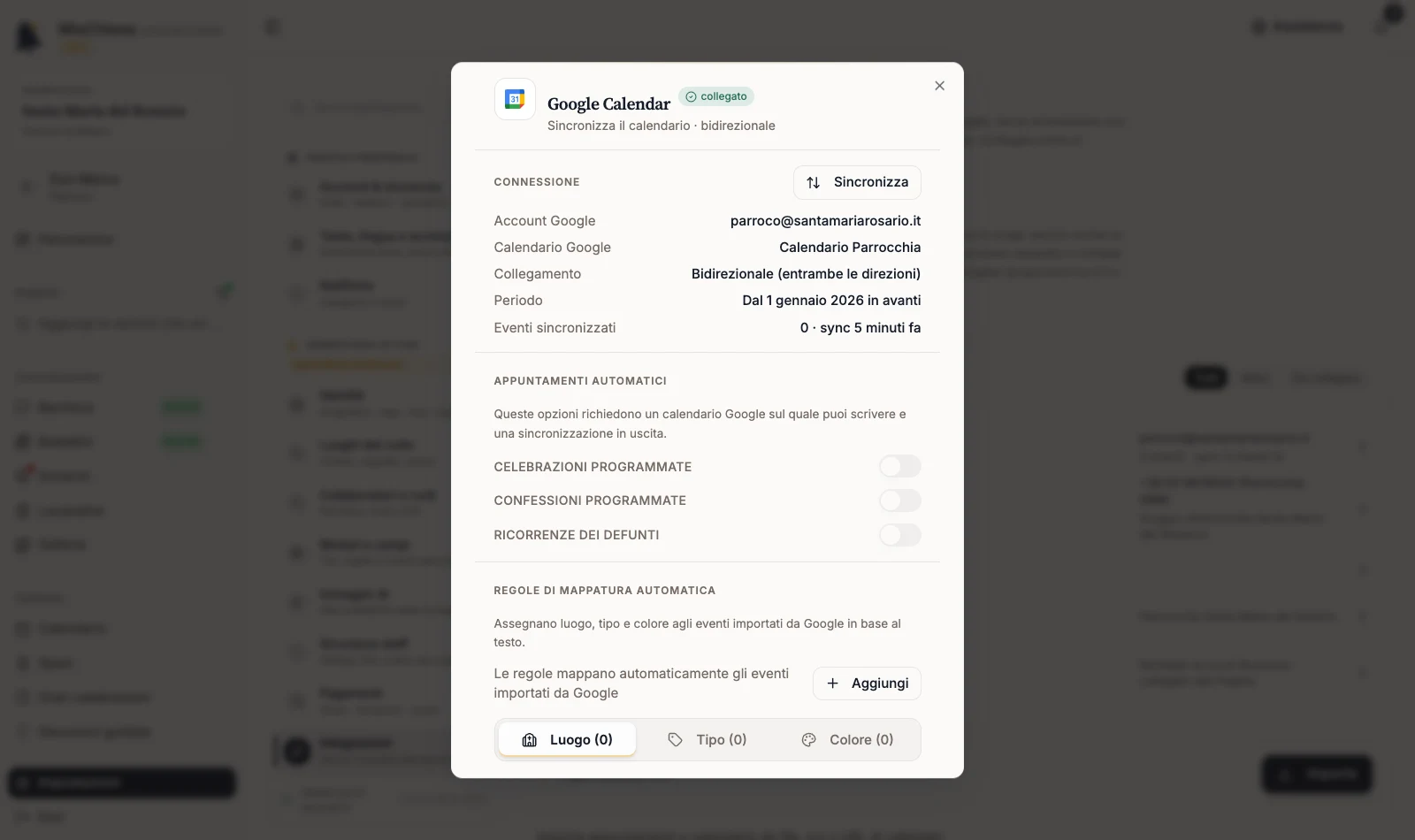 Pannello Google Calendar con il comando Sincronizza e i dettagli del collegamento