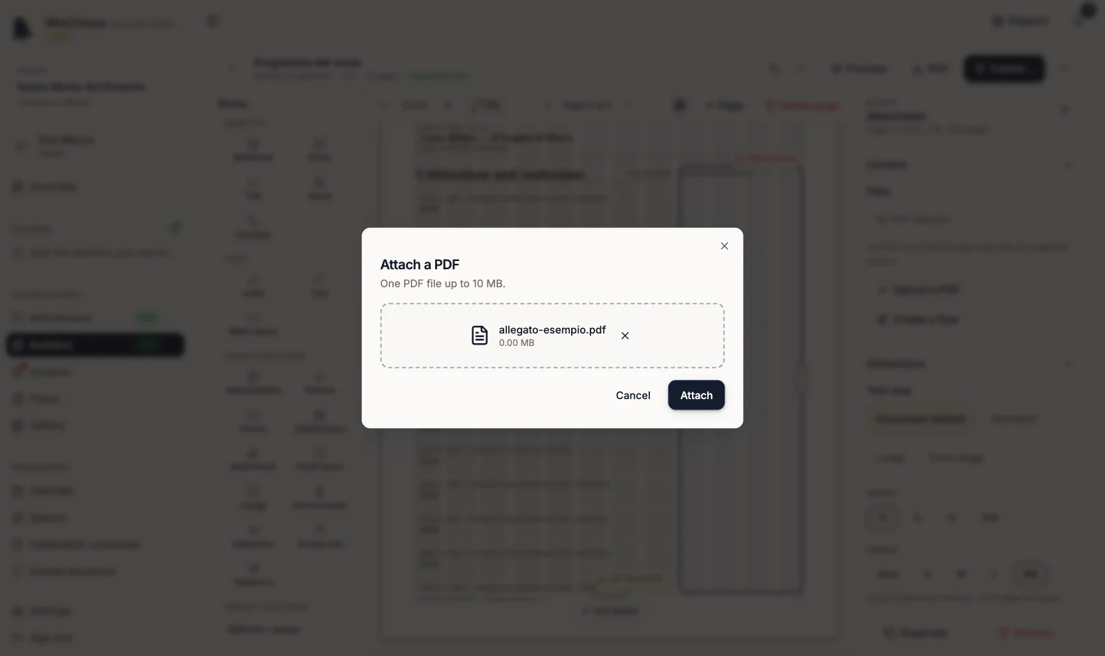 Attach a PDF dialog with the chosen file and the Attach button