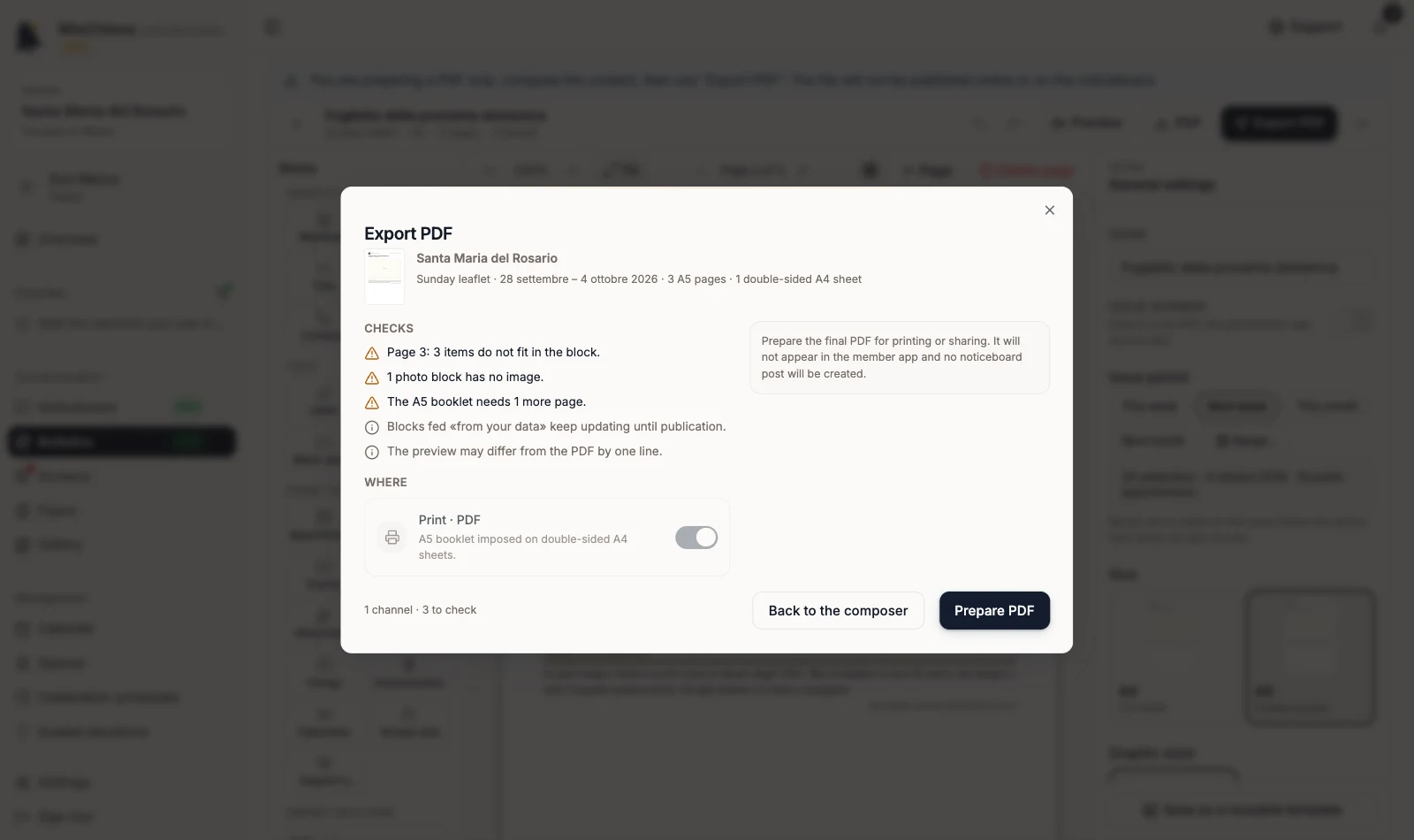 Export PDF dialog of an A5 leaflet with the needs 1 more page check