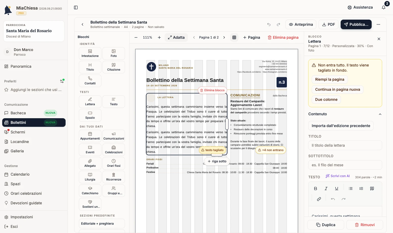 Pannello del blocco con Riempi la pagina, Continua in pagina nuova e Due colonne