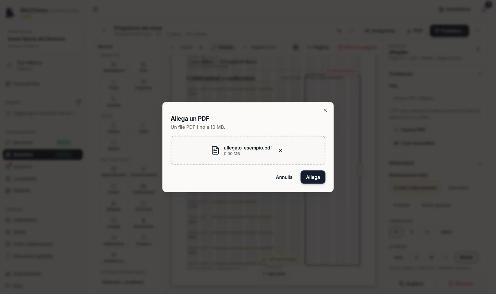 Finestra Allega un PDF con il file scelto e il pulsante Allega