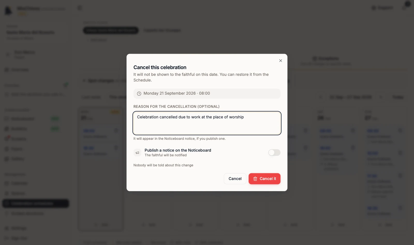 Cancellation dialog with a reason entered