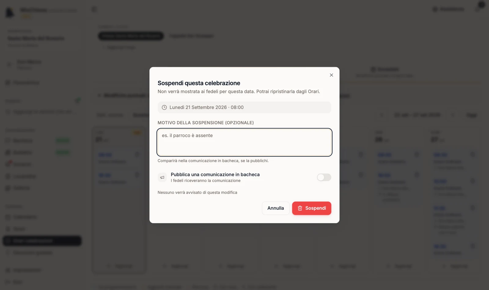 Dialog Sospendi questa celebrazione con data, ora e campo Motivo