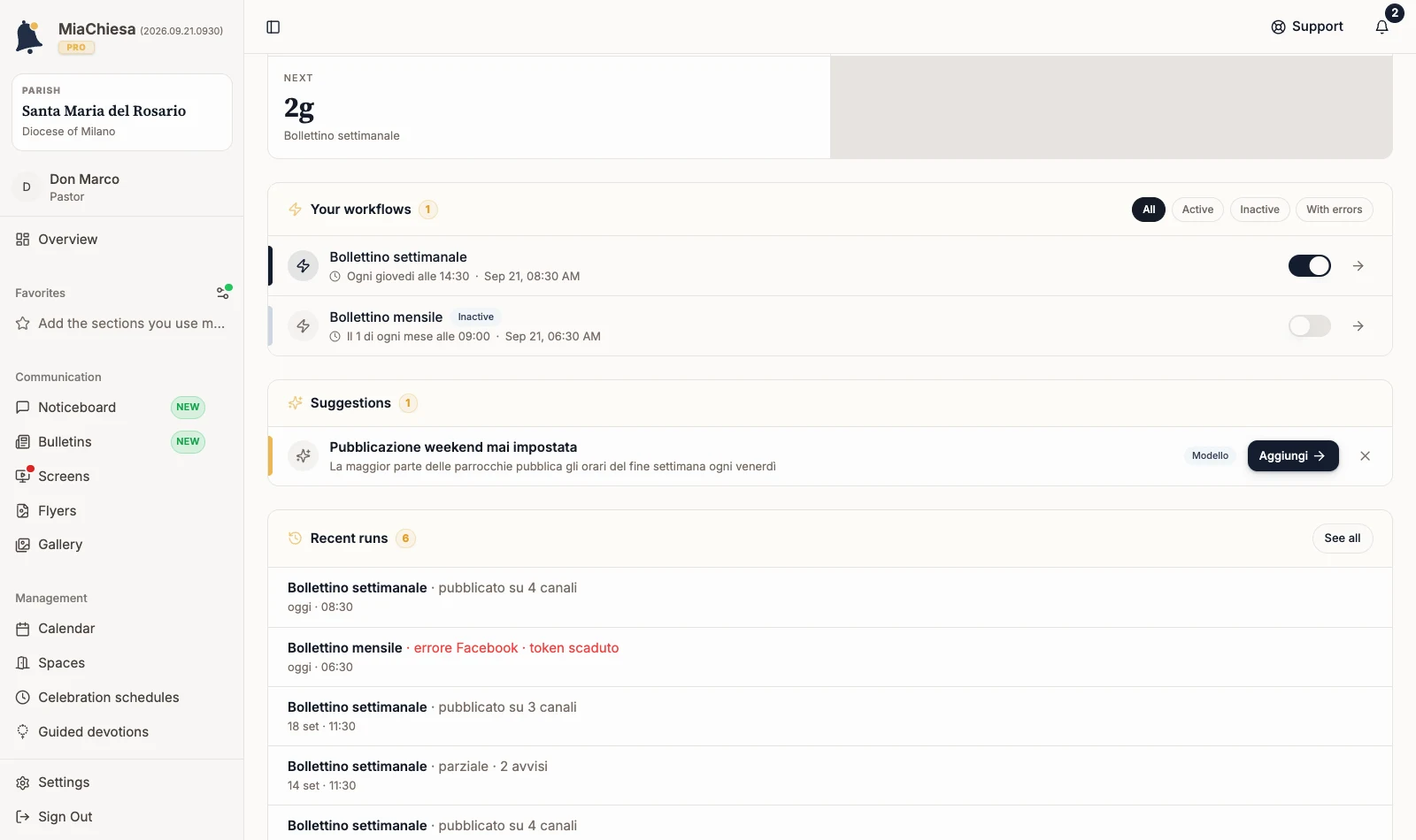 Suggestions section showing the Italian Pubblicazione weekend mai impostata proposal