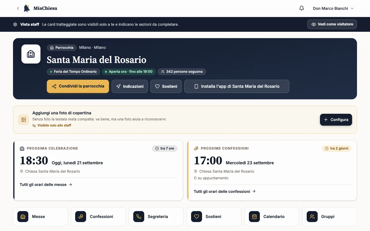 Pagina pubblica con la barra Vista staff e Vedi come visitatore