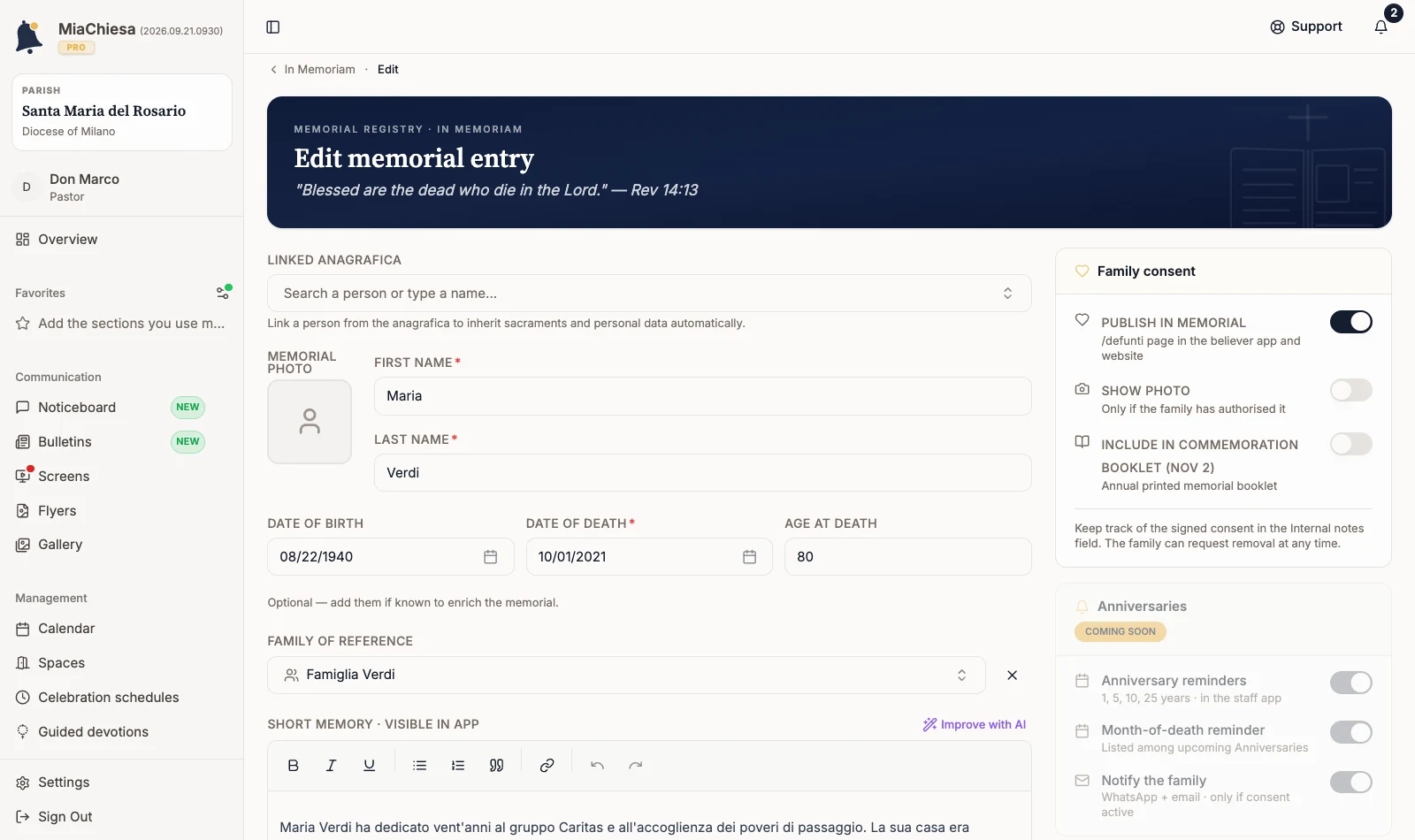 Family consent with Publish in memorial enabled