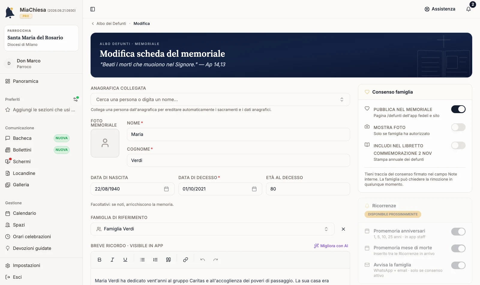 Consenso famiglia con Pubblica nel memoriale attivo