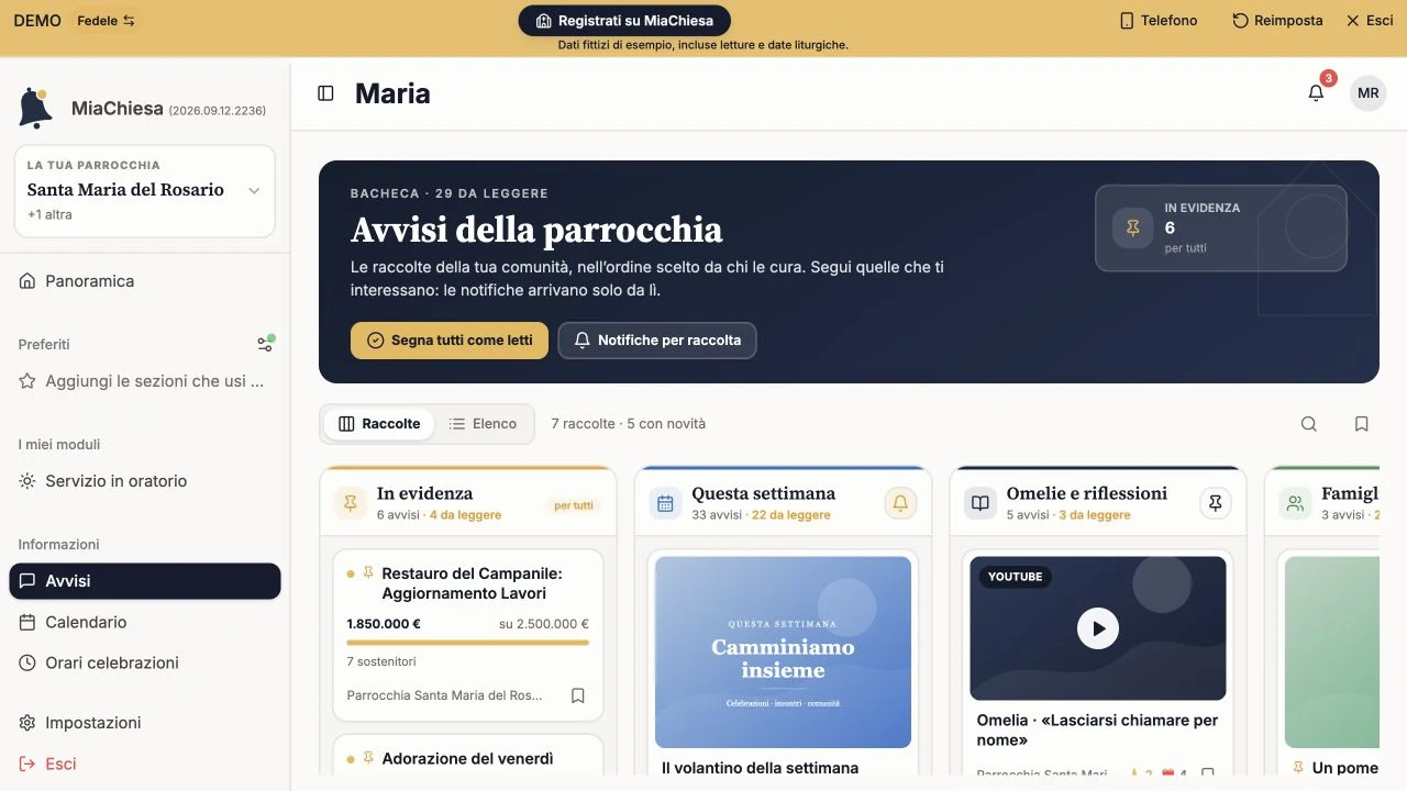 Bacheca MiaChiesa su desktop: colonne per le raccolte, avvisi in evidenza e contenuti da leggere