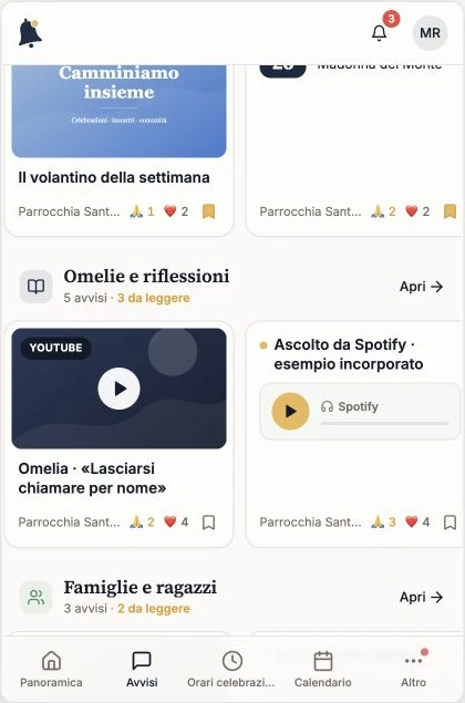 Bacheca MiaChiesa su telefono: raccolte da sfogliare e preferenze di notifica